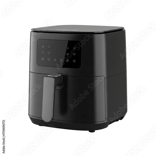 Modern black digital air fryer with touch controls isolated on transparent background