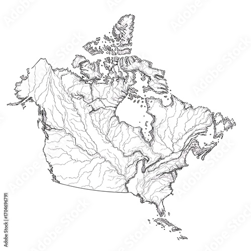 A detailed line art map of North America showing the continents major rivers and hydrological basins.
