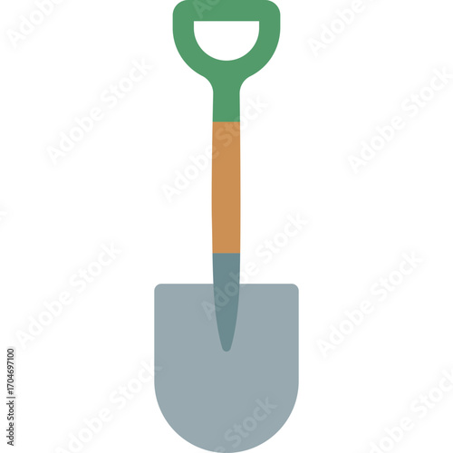 Green spade with wooden handle, sturdy digging tool illustration perfect for planting or soil work.

