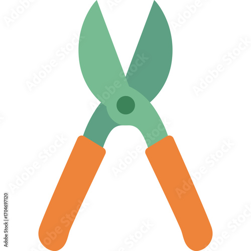 Green garden shears with orange handles, pruning tool illustration ideal for trimming plants or hedges.

