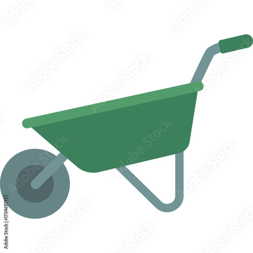 Green wheelbarrow with silver wheel, practical garden tool illustration ideal for yard or farm work.