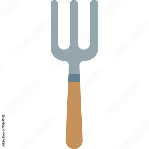 Gray garden fork with wooden handle, sturdy digging tool illustration ideal for farming or soil work.