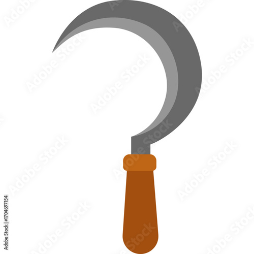 Gray sickle with wooden handle, traditional harvesting tool illustration ideal for farming or rural themes.


