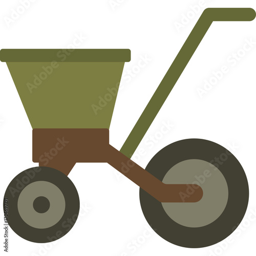 Green wheelbarrow with brown frame and black wheel, practical garden tool illustration ideal for yard work.

