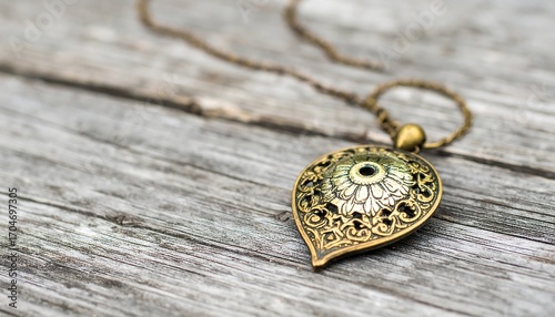 Ornate pendant on weathered wood
