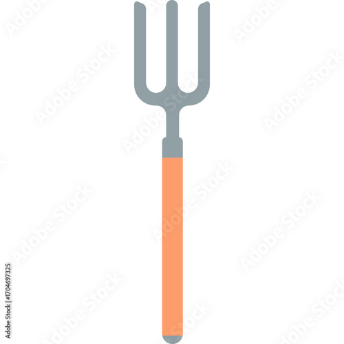 Gray garden fork with orange handle, sturdy digging tool illustration perfect for farming or soil work.

