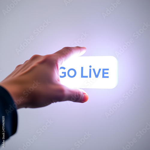Wallpaper Mural A hand pressing a bright "Go Live" button, symbolizing the start of a live broadcast or streaming session. Torontodigital.ca