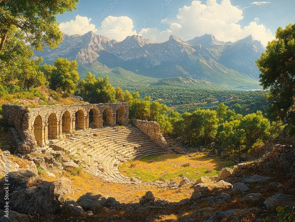 Obraz premium Ancient stone amphitheater ruins surrounded by lush green trees and rocky landscape with towering mountains under a bright cloudy sky