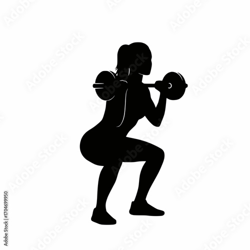 solid black vector silhouette of a woman doing squats with weights, white background