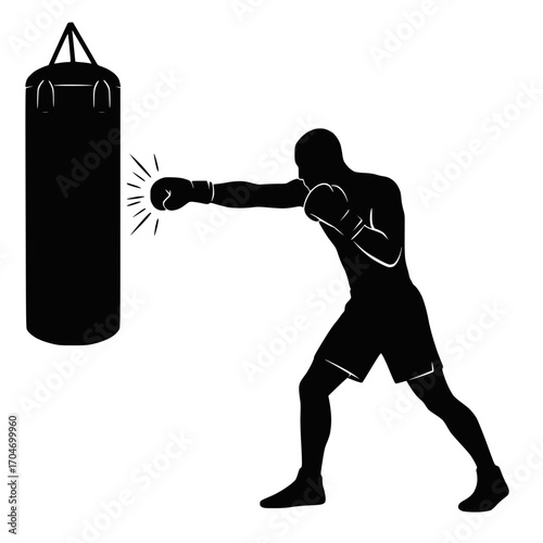 solid black vector silhouette of a boxer punching heavy bag, gym workout style, white background