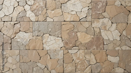 Modern flagstone mosaic tiles slabs with random chaotic texture for stone wall ,patio floor or terrace construction. Abstract background of brown sandstone slabs with cracked lines on garden walkway.