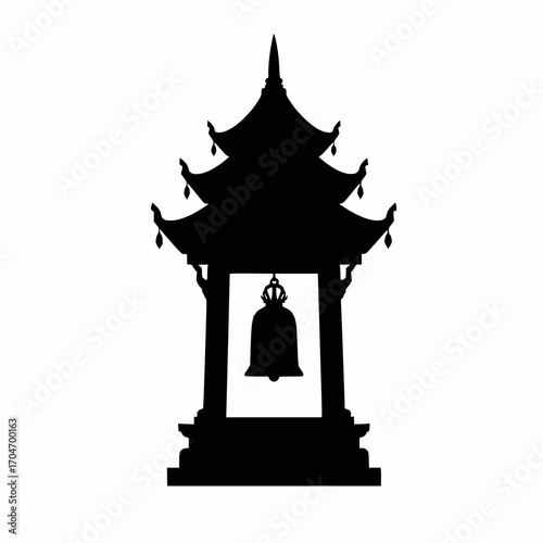 solid black vector silhouette of a torii gate leading to japanese temple, minimal style white background