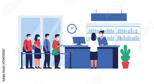 People in face masks standing in line at a service counter during a pandemic with social distancing measures in place