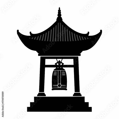 solid black vector silhouette of a torii gate leading to japanese temple, minimal style, white background