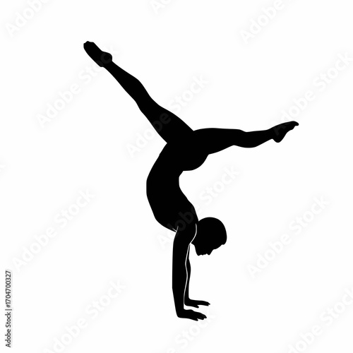 solid black vector silhouette of a gymnast doing handstand, white background