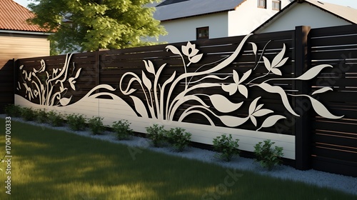 Floral elegance on a modern fence creating a visually appealing outdoor space that blends art and