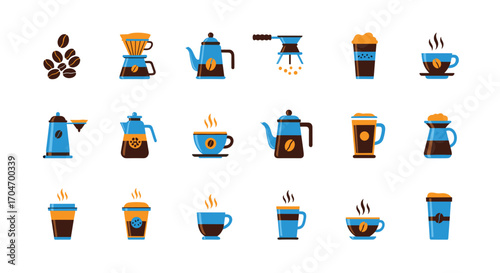 Collection of illustrated coffee making devices and beverages representing warmth and refreshment