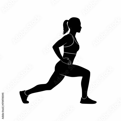 solid black vector silhouette of a woman doing side lunges, fitness style, white background
