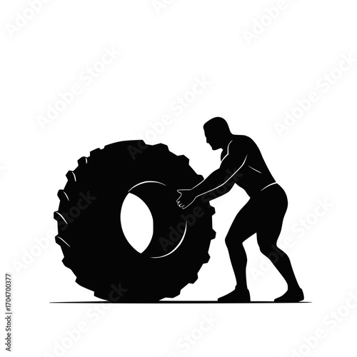 solid black vector silhouette of a man flipping big tire, strongman exercise, white background