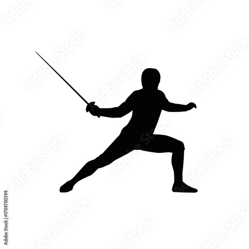 solid black vector silhouette of a fencer attacking with sword, white background