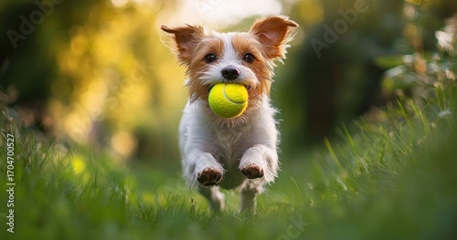 small energetic dog running on grass with tennis ball in mouth during golden hour outdoor play
