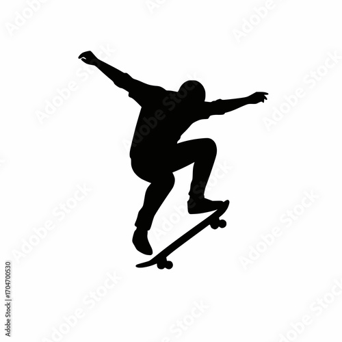 solid black vector silhouette of a skateboarder doing trick in air, white background