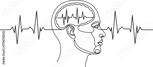Continuous line art of a human head profile with brain activity and heartbeat wave