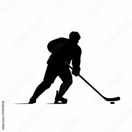 solid black vector silhouette of a hockey player swinging stick, white background