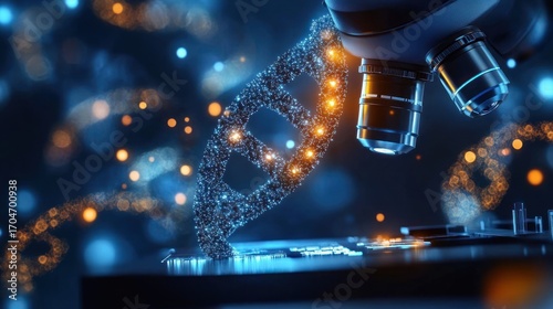 Close-up view of a glowing digital DNA strand under a microscope illustrating advanced genetic research and biotechnology innovation in a futuristic lab environment