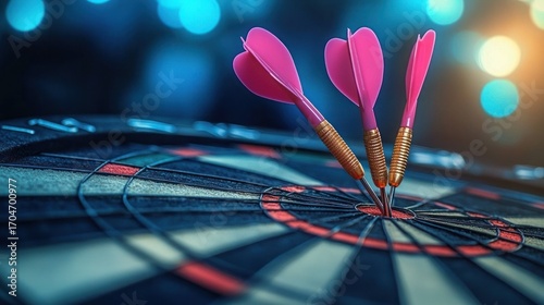 Three pink darts hitting the bullseye of a dartboard with vibrant bokeh lights in the background capturing a moment of precise accuracy and focus