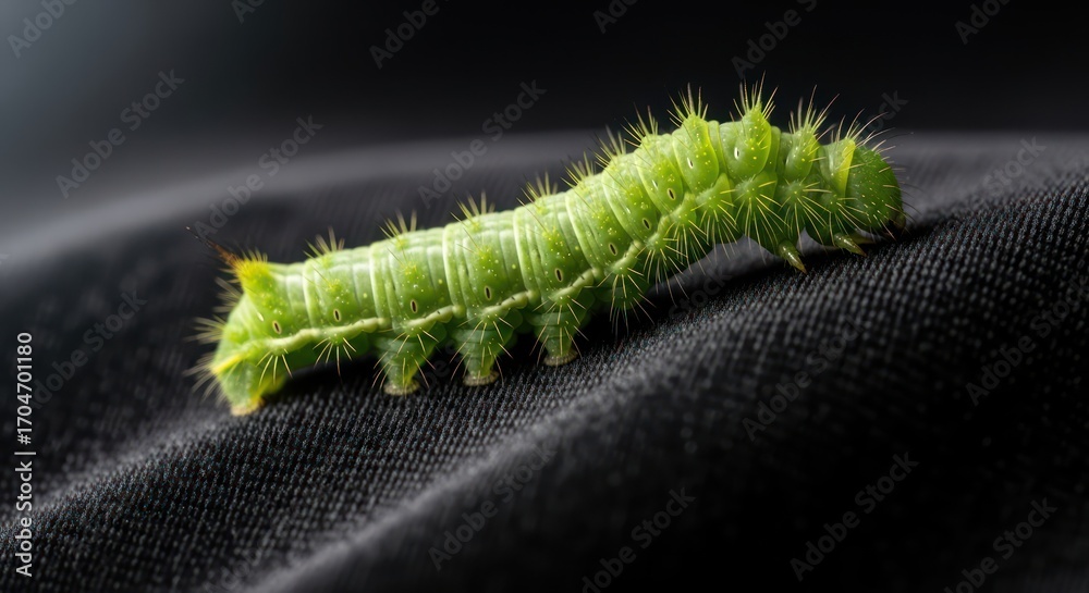 Fototapeta premium Lime green caterpillar exploring the textures of dark fabric in a detailed studio shot