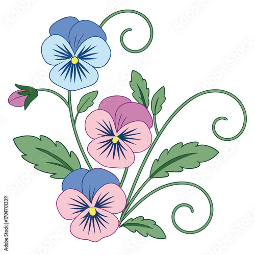 Pansy blossoms with blue and pink petals along with green stems on a transparent background