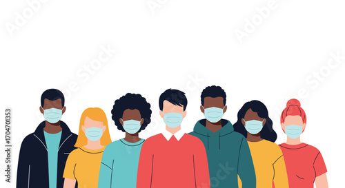 Diverse group of people wearing face masks for protection against illness and disease