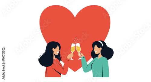 Celebrating love and friendship with a joyful toast and a giant heart in the background