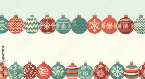 Festive holiday ornaments displayed in a repeating pattern of traditional colors and designs for seasonal decorations