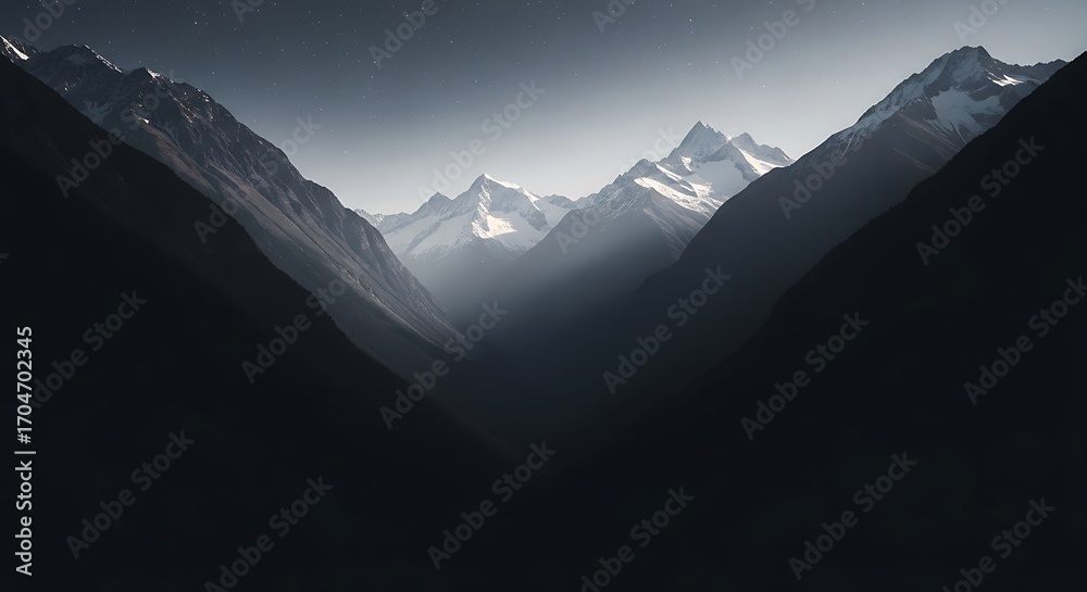 Obraz premium Majestic Mountain Peaks in a Misty Valley.