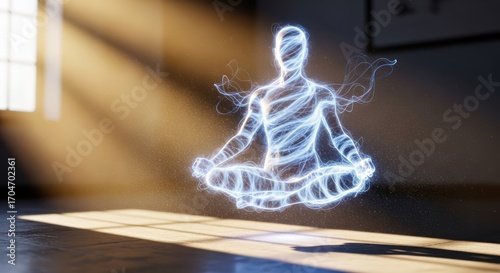 Ethereal figure meditating in a serene room bathed in radiant sunlight spiritual exploration