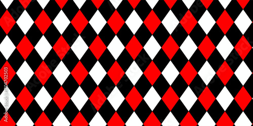 Harlequin red and black seamless pattern. Argyle diamond fabric texture. Classic lozenge simple background with gold line. Joker venetian rhombus carnival ornament bg. Vector illustration
