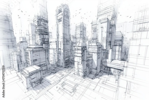 Detailed architectural sketch of a futuristic cityscape with numerous tall skyscrapers and complex urban structures in a monochromatic line drawing