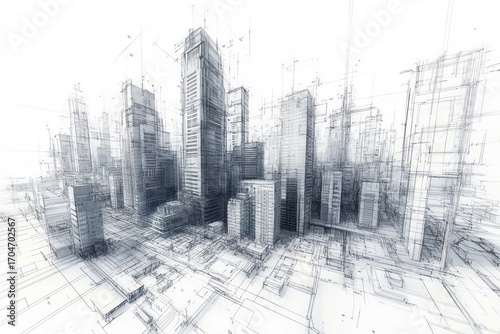 Detailed architectural wireframe sketch of a dense urban cityscape featuring multiple high-rise buildings and skyscrapers with precise structural lines and measurements
