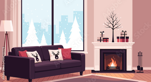 Cozy living room with fireplace and snowing window view during winter holidays
