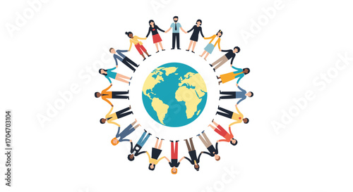 Diverse group of people holding hands in a circle around a globe promoting unity and global cooperation