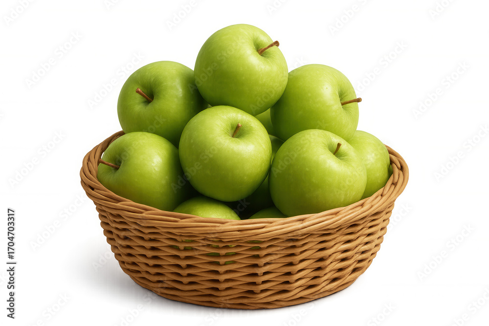 Green apples cascading from rustic wicker basket, showcasing farm-fresh produce against crisp translucent surface Green apples cascading from rustic wicker basket, showcasing farm-fresh produce against crisp translucent surface