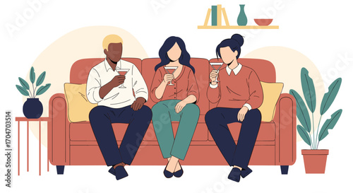Three friends enjoying drinks and smartphones while relaxing together on a sofa in a cozy living room setting with houseplants and bookshelves