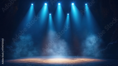 Empty dark stage illuminated by seven blue spotlights with mist and textured ground creating a mysterious atmosphere