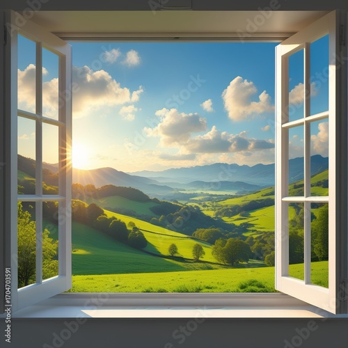 Bright countryside landscape viewed from an open white window frame, golden sunlight shining over rolling green hills 