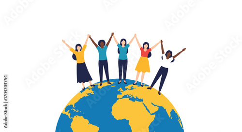 Diverse group of people holding hands standing on top of the world celebrating unity and togetherness