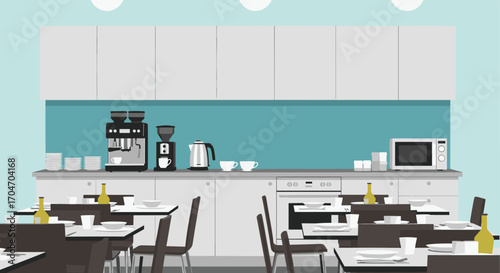 Modern cafeteria kitchen area with seating for customers eating and drinking delicious beverages