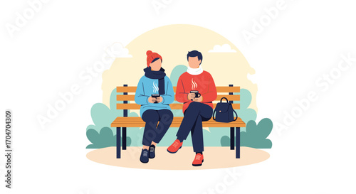 Two friends enjoying a warm drink on a park bench during a crisp autumn afternoon surrounded by colorful trees and gentle breezes