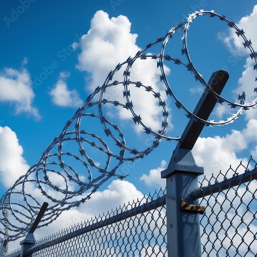 Close-up of razor wire coils on top of a metal security fence, sharp barbed details against a bright blue sky with fluffy white clouds